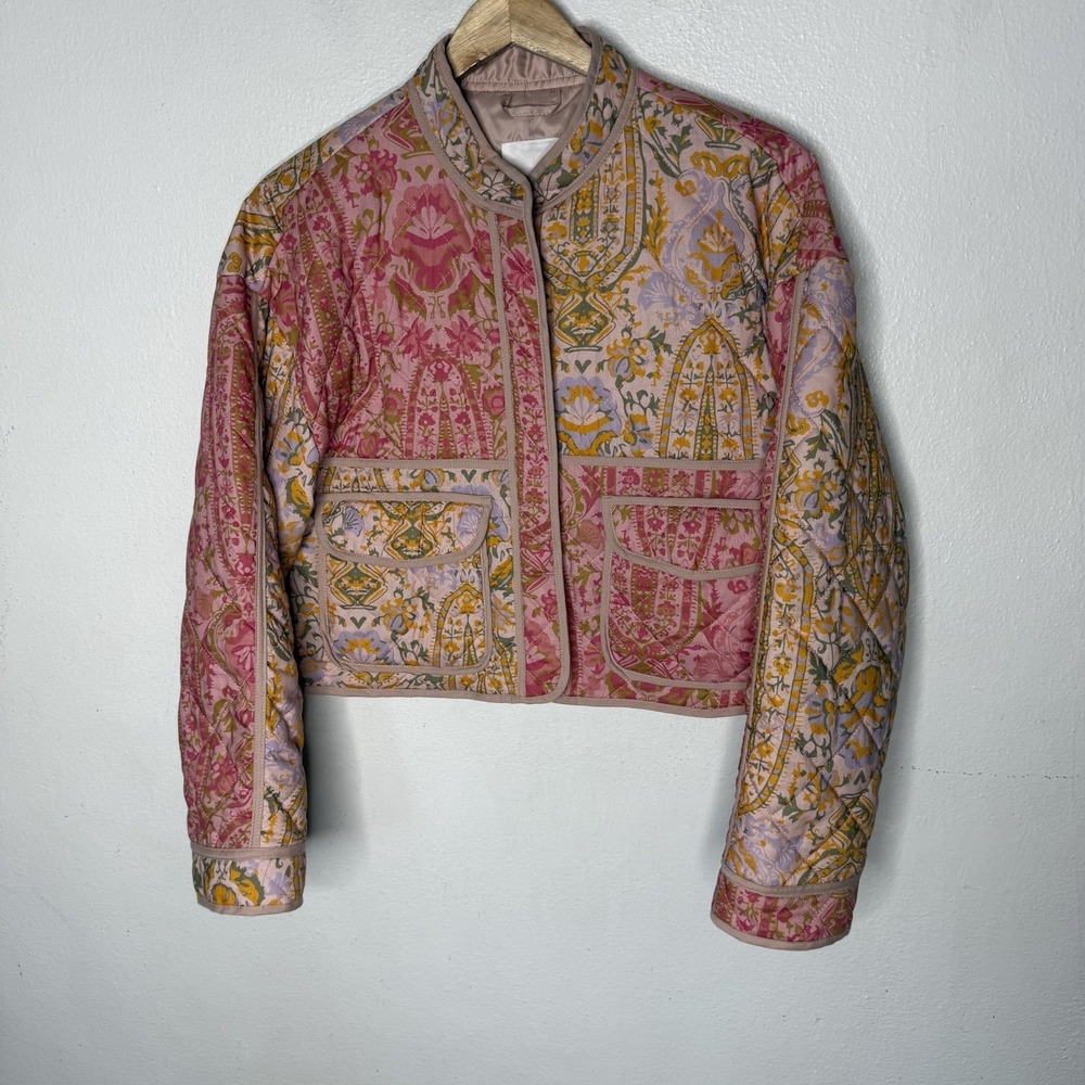 Avec Les Filles Quilted Cropped Printed Barn Jacket Pockets Floral Womens Medium